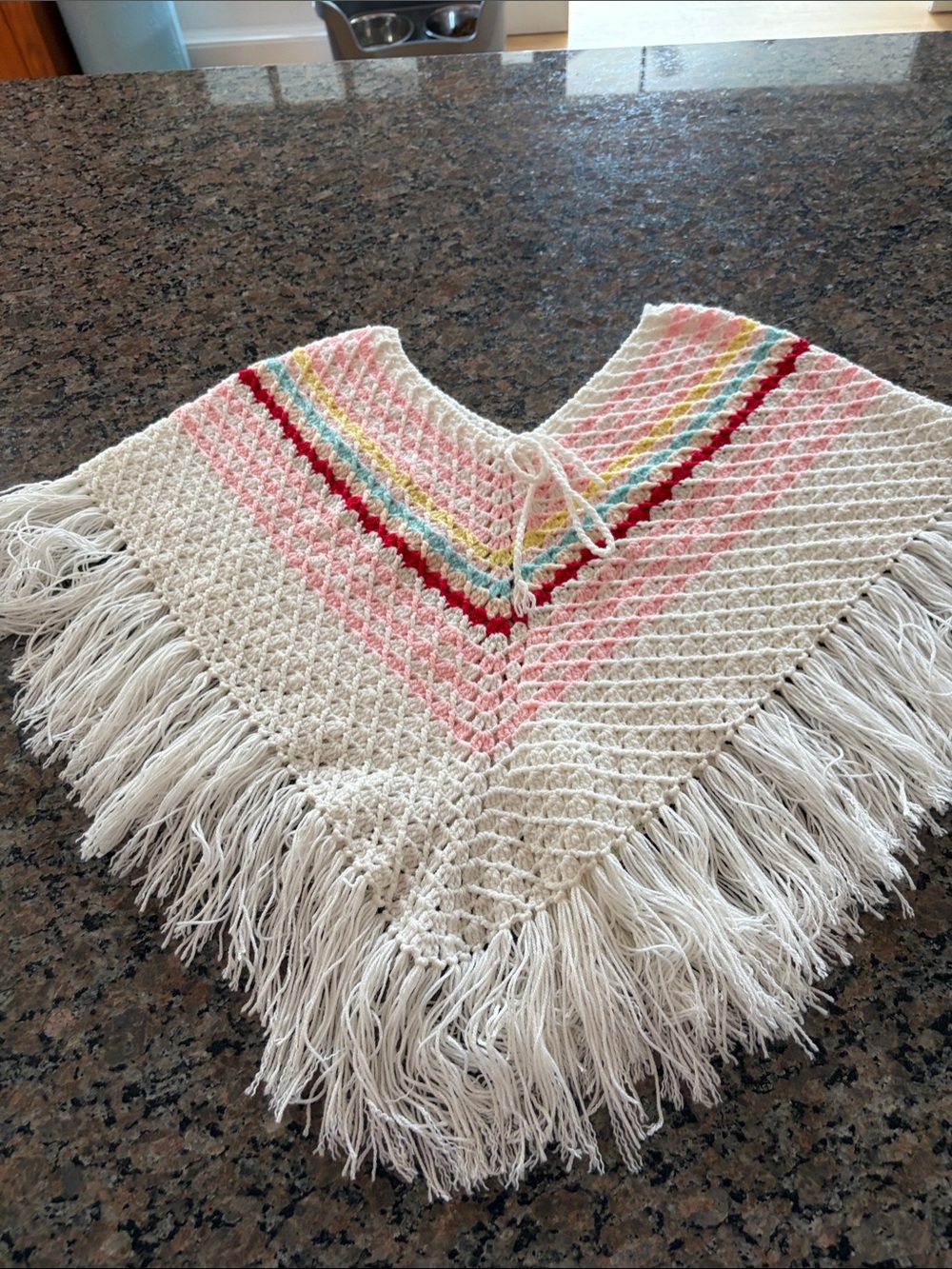 70’s Vintage Girls Crocheted Fringe Poncho with Multicolor Stripes 10-12